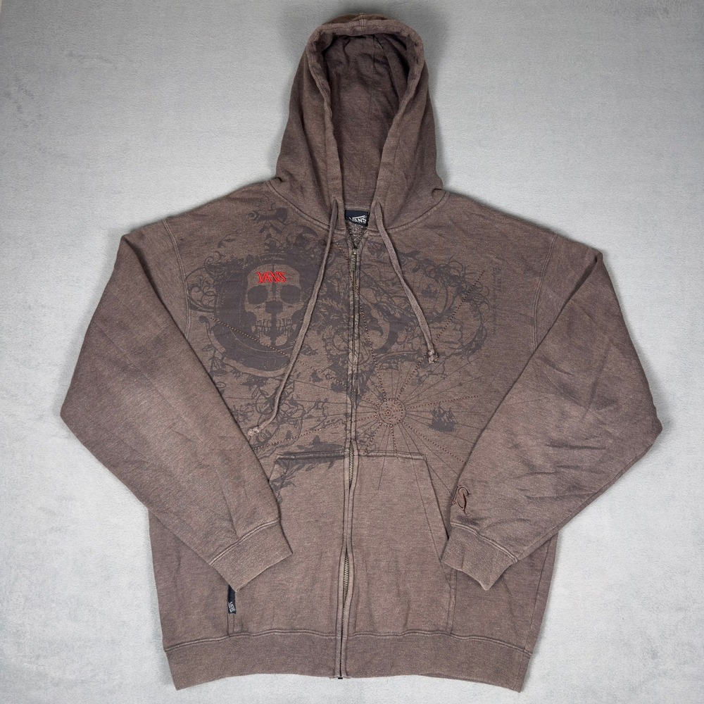 Vans Skull Compass Graphic Full Zip Hoodie Brown Washed Skate Streetwear Mens L